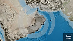 Oman border shape overlay. Bevelled. Satellite. Labels