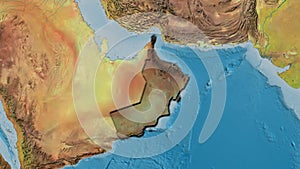 Oman border shape overlay. Bevelled. Topographic.