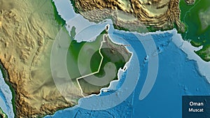 Oman border shape overlay. Glowed. Physical. Labels