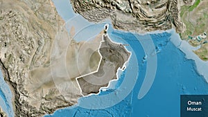 Oman border shape overlay. Glowed. Satellite. Labels