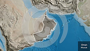 Oman border shape overlay. Glowed. Satellite. Labels