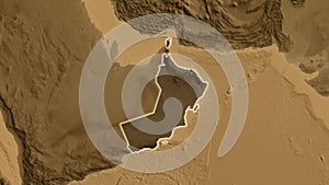 Oman border shape overlay. Glowed. Sepia elevation.