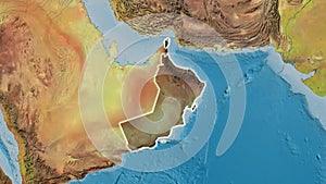 Oman border shape overlay. Glowed. Topographic.