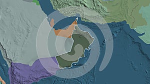 Oman border shape overlay. Outlined. Administrative.