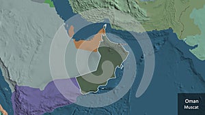 Oman border shape overlay. Outlined. Administrative. Labels