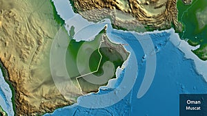 Oman border shape overlay. Outlined. Physical. Labels