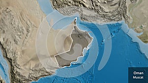 Oman border shape overlay. Outlined. Satellite. Labels