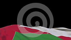 Oman fabric flag waving on the wind loop. Omani embroidery stiched cloth banner swaying on the breeze. Half-filled black