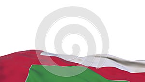 Oman fabric flag waving on the wind loop. Omani embroidery stiched cloth banner swaying on the breeze. Half-filled white