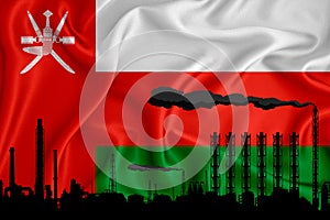 Oman flag, background with space for your logo - industrial 3D illustration.Silhouette of a chemical plant, oil refining, gas,