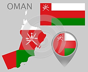 Oman flag, map and map pointer