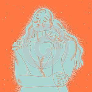 oman hugs a woman standing behind her. Care, tenderness, girlfriends, sisters.