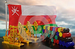 The Oman's petroleum market. Oil pump made of gold and barrels of metal. The concept of oil production, storage and value.