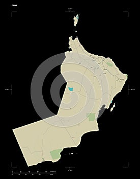 Oman shape on black. Topo Humanitarian