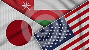 Oman United States of America Japan Flags Together Fabric Texture Illustration