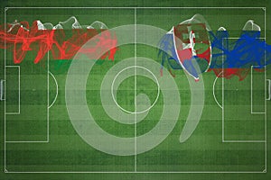 Omán vs slovensko fotbalový zápas, národní barvy, státní vlajky, fotbalové hřiště, fotbal, kopírování vesmíru