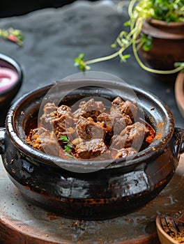 Omani shuwa, slow-roasted lamb marinated in a rich spice blend, served in a traditional serving pot. A traditional and photo