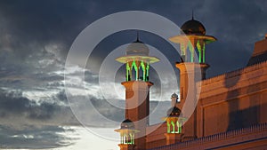 Omar Ali Saifuddien Mosque during sunset with reflection in the calm pond water in Bandar Seri Begawan, Brunei.