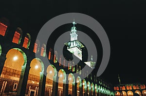 The Omayyad Mosque perfectly illuminated at night.