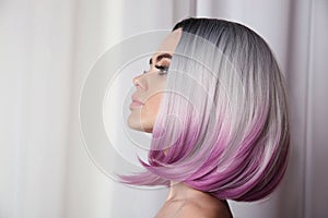 Ombre bob short hairstyle. Beautiful hair coloring woman. Trendy