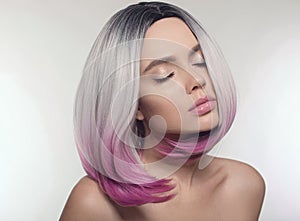 Ombre bob short hairstyle. Beautiful hair coloring woman. Trendy photo