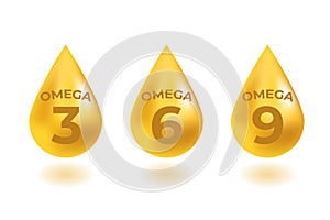 Omega 3, 6, 9 acids drops gold icon. Polyunsaturated fatty. Nutrition skin care design