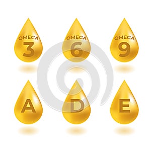 Omega 3, 6, 9 acids and vitaminsA, D, E drops gold icon. Polyunsaturated fatty. Nutrition skin care design and Beauty treatment.