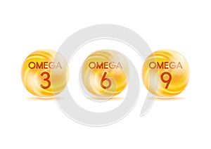 Omega 3, 6, 9 gold drops icons. Polyunsaturated fatty Omega-3, Omega-6, Omega-9. Natural Fish, Organic Vitamin, Nutrient.