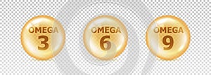 Omega 3, 6, 9. Set fish fatty. Vitamin isolated on transparent background. Nutrient icon. Yellow orb pil. Big shape glass circle.