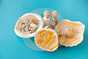 Omega 3 capsules on shell, sea salt and fish oil pills
