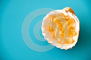 Omega 3 capsules on shell, sea salt and fish oil pills .