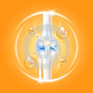 Omega 3 DHA EPA help heal arthritis knee joint, pain in leg. Healthy bone skeleton x ray scan. On a orange background