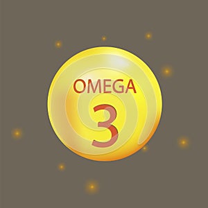 Omega 3. Fat capsule. Vitamin for health. Yellow gel balloon. Fish fat. Vector illustration