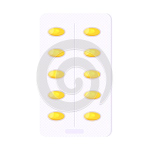 Omega-3 pill blister with yellow capsules flat style design vector illustration isolated on white background.
