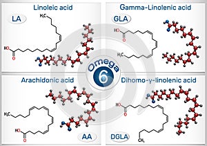 Omega-6, polyunsaturated fatty acids. Linoleic acid LA, gamma-linolenic acid GLA, arachidonic acid AA, ARA, dihomo-gamma-