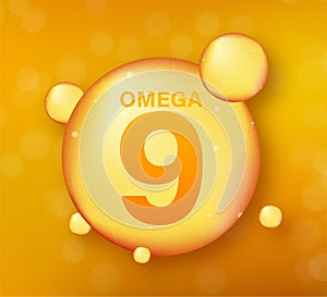 Omega 9 gold icon. Vitamin drop pill capsule. Shining golden essence droplet. Vector illustration.