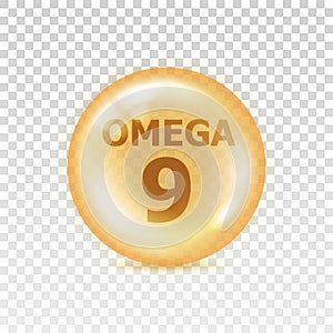 Omega 9. Set fish fatty. Vitamin isolated on transparent background. Nutrient icon. Yellow orb pil. Big shape glass circle. Oil 3d