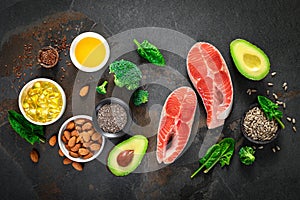 Omega-3 fats. Salmon fish and vegetarian sources of unsaturated fatty acids. Healthy food concept for good health