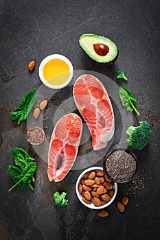 Omega-3 fats. Salmon fish and vegetarian sources of unsaturated fatty acids. Healthy food concept for good health