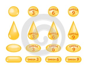 Omega fatty acids 3, 6 and 9. Golden drops and pills of fish oil set. Polyunsaturated fats icons isolated on white