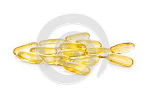 Omega-3 fish oil capsule arranged in fish shape.  It contains omega-3 polyunsaturated acid EPA and DHA enhances heart and health photo