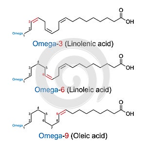 Omega-n fatty acids, chemical formulas and skeletal structures