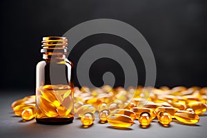 Omega-3 pills in a bottle. Amber Bottle and Omega-3 Capsules on a Dark Surface. Nutritional Omega-3 Vitamin Pills and Brown glass