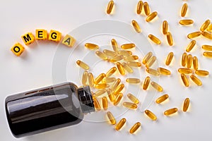 Omega pills bottle on white background.
