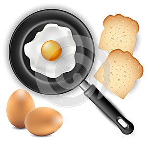 Omelet in frying pan with bread and egg