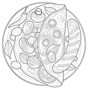 Omelet with sausage and mushrooms.Coloring book antistress for adults