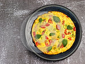 Omelet with tomatoes, sausage and bell pepper with herbs on a round plate on a dark background