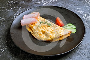 omelette breakfast on plate with ham