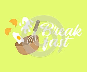 Omelette, eggs, milk, whisk and bowl, logo design. Breakfast, food, catering and canteen, vector design