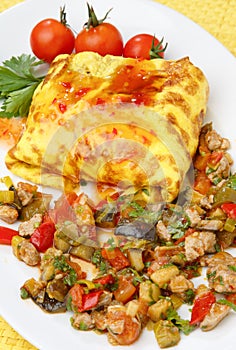 Omelette filled with meat and vegetable